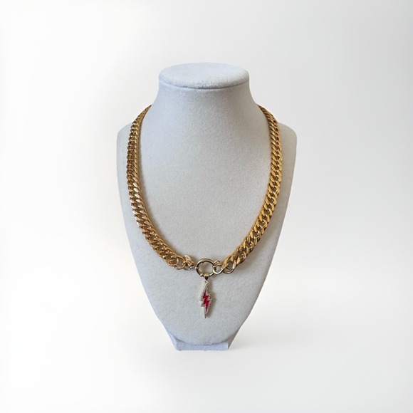 New Treasure Jewels Gold Plated Chain Necklace With Red Lighting Bolt Charm 19" - Picture 1 of 5
